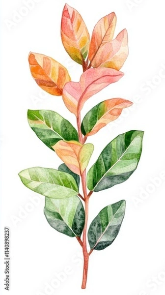Fototapeta Watercolor Illustration of Zamioculcas Zamifolia with Green Variegated Pink and Orange Leaves, potential usecase for botanical, gardening, and home decor designs