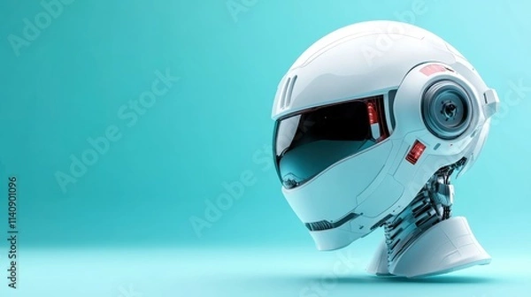 Obraz A sleek white helmet with advanced robotic features is showcased against a blue background. This futuristic design emphasizes innovation and technological progress.