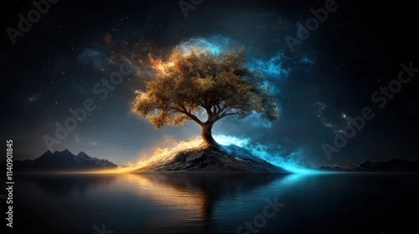 Obraz A tree stands on a water-covered island, surrounded by flames and icy blues under a cosmic, starry sky, illustrating a balance between opposing forces.