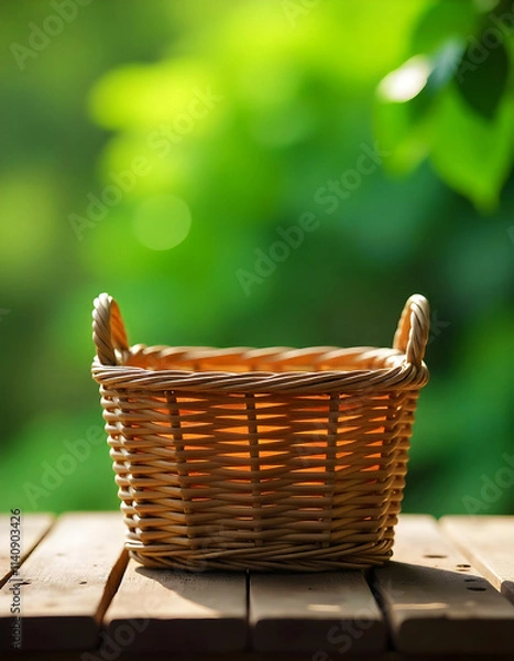 Fototapeta Empty wicker basket on wooden table with blurred nature background