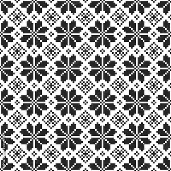 Fototapeta Slavic Folk Seamless Pattern. Repetitive Black and White Embroidery Texture. Vector Ethnic Ornament Background. Ready Pattern Swatche Included in File