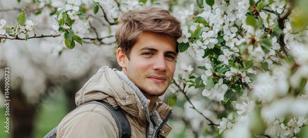Obraz Man in Light Jacket Embracing Spring's Charm Amid Blossoming Trees