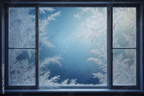 Fototapeta Close-Up of Frost on a Window, Creating a Frosty Pattern with Fantastic Flowers and Leaves