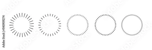 Fototapeta Set of circle shapes with dashed lines, Dashed and dotted circle icon. Black and white broken rings. Dotted round lines, Cut here pictograms for coupons or tags. Vector outline.