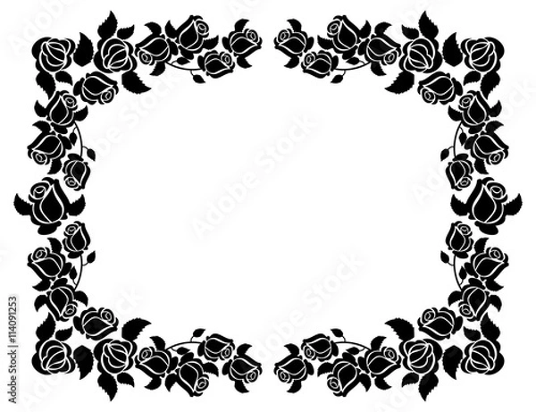 Obraz Horizontal black and white frame with roses silhouettes. Vector clip art.