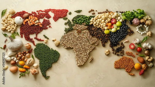 Fototapeta Food from many countries, parts of the world, representing diverse cuisines and cultures. Map world food. Generative AI