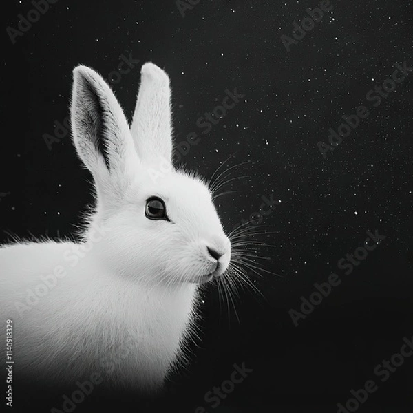 Fototapeta   A monochromatic image depicts a rabbit's head against a black background, while faint celestial bodies are visible behind it