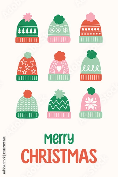 Fototapeta Christmas poster in cartoon style. Greeting card decorated with winter hats. Vector illustration