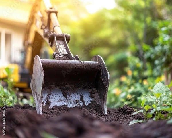 Fototapeta A close-up of a construction digger's bucket scooping rich, dark soil in a serene garden setting.