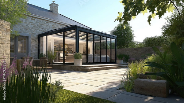 Fototapeta Modern Sunroom or conservatory extending into the garden, surrounded by a block paved patio