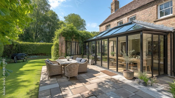 Fototapeta Modern Sunroom or conservatory extending into the garden, surrounded by a block paved patio