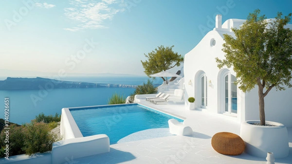 Fototapeta Traditional mediterranean white house with pool on hill with stunning sea view. Summer vacation background. Created with generative Ai
