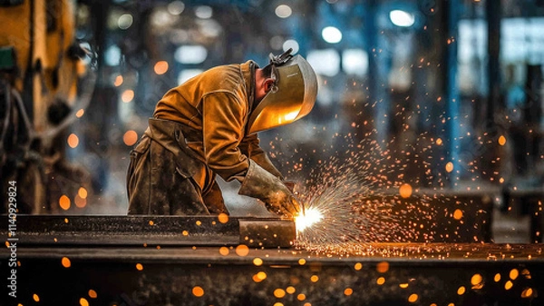 Fototapeta Welder welding metal, lots of sparks, wearing protective welding gear. Generative AI