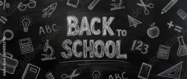 Fototapeta back to school frame with school drawings with white chalk texture on school blackboard