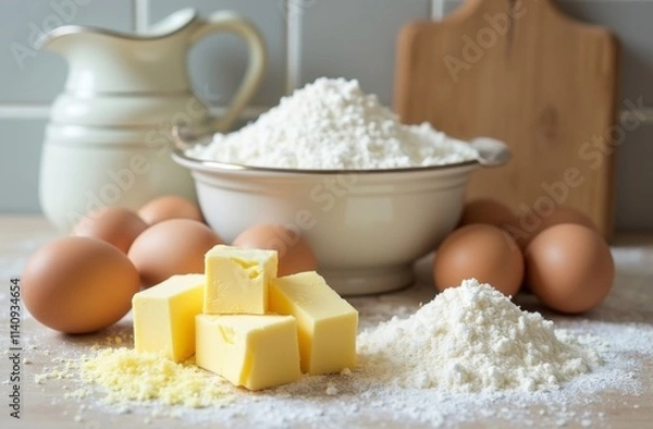 Fototapeta Baking ingredients including butter, eggs, flour, and milk arranged on a kitchen counter with natural light