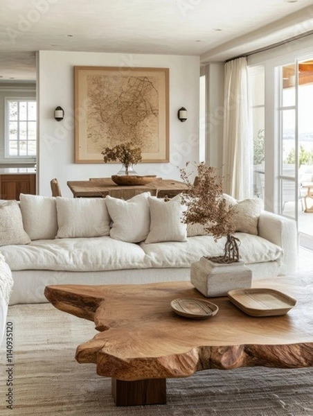 Fototapeta Coastal Living Room With Neutral Decor And Wooden Accents