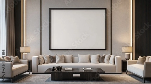 Fototapeta Modern Living Room Interior Design with Large Blank Canvas