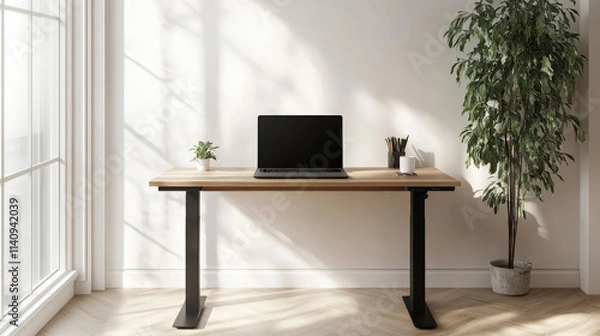 Fototapeta A sleek laptop on a wooden desk with a cup of coffee beside it, minimalist home office, bright natural light, clean and uncluttered design