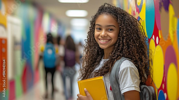 Obraz Confident student smiling in colorful hallway