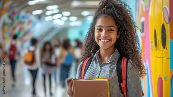 Fototapeta Confident student smiling in colorful hallway