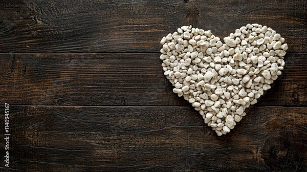 Fototapeta Heart made of small white pebbles on dark wooden surface, symbolizing love