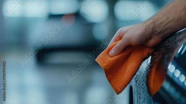 Fototapeta Hand Holding Orange Cloth for Car Detailing in Workshop Environment