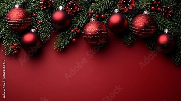 Fototapeta A red background with red ornaments and pine branches