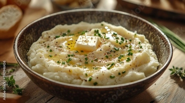 Fototapeta Highquality photograph of creamy mashed potatoes in rustic setting