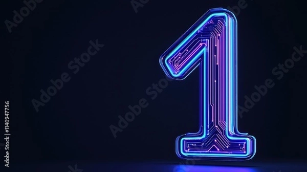 Fototapeta Futuristic Neon Number One with Circuit Patterns in Dark Background