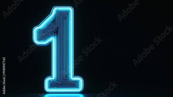 Fototapeta Bright Neon Number One Glowing Against a Dark Background