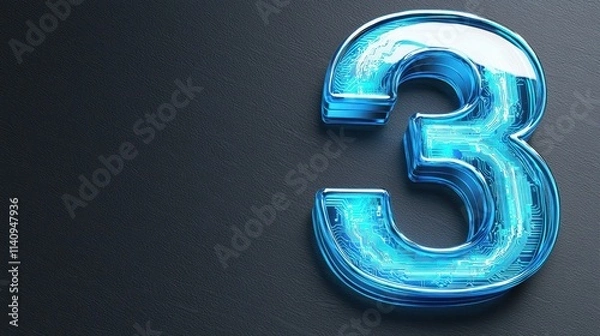 Fototapeta Futuristic Blue Number Three with Circuit Design on Dark Background
