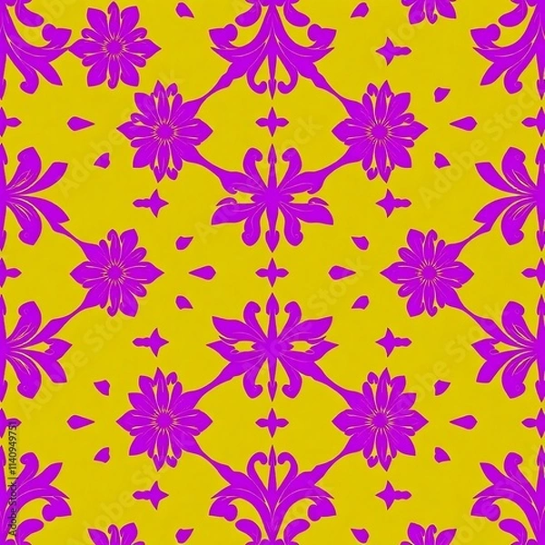 Fototapeta Purple Floral Pattern on Yellow Background:  A vibrant and elegant seamless pattern featuring intricate purple floral motifs against a bright yellow background.