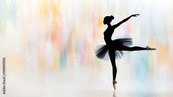 Fototapeta   A ballerina in a black tutu against a colorful backdrop with a blurred background