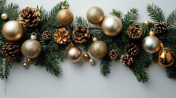 Fototapeta A festive arrangement of pine branches with gold and silver ornaments and pine cones.