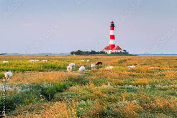Obraz Leuchtturm Westerhever, Schafe, Schleswig-Holstein, Deutschland