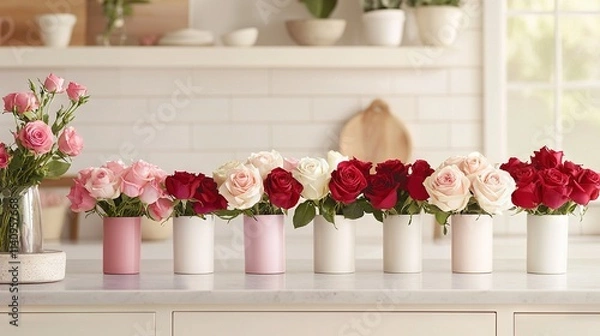 Fototapeta   Vase row with pink, red flowers on counter next to potted plant