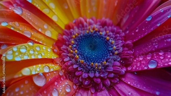 Fototapeta Close up of colorful flower petals adorned with sparkling water droplets in natural light