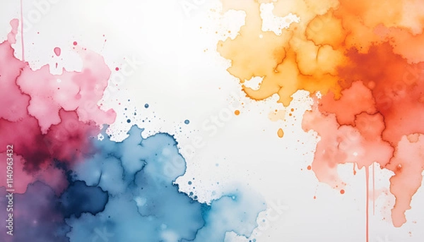 Obraz Colorful watercolor splashes in pink, blue, and orange on white background, artistic and abstract, copy space