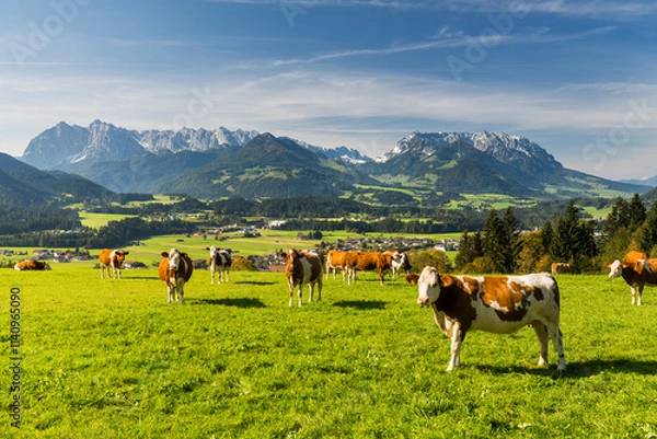 Obraz Kühe auf einer Weide, Wilder und Zahmer Kaiser vom Moserberg, Kössen, Kaiserwinkl, Tirol, Österreich