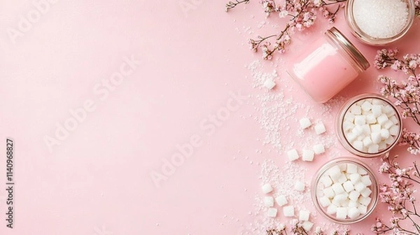 Fototapeta   A pink background with marshmallows, a jar of sugar, and a glass of milk