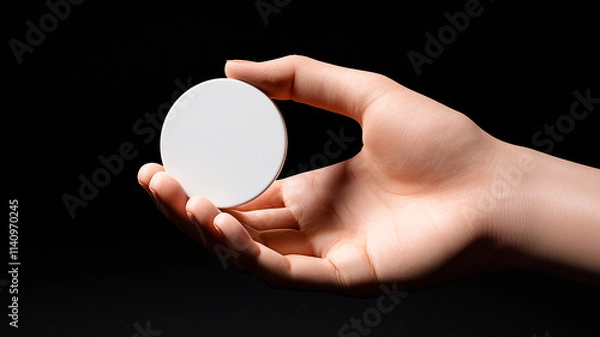 Fototapeta Hand holding pin mockup against black background for identity and honour
