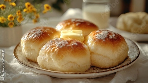 Fototapeta Rustic breakfast scene with warm bread butter and milk