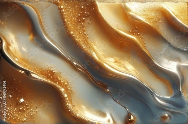 Fototapeta Abstract Gold Liquid Waves with Bubbles