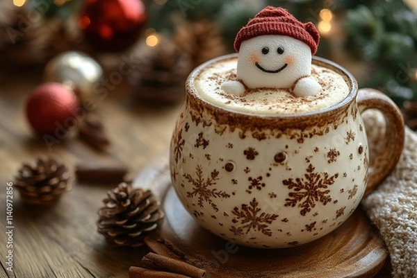 Fototapeta Cute little snowman made from marshmallows bathing in a mug with hot chocolate