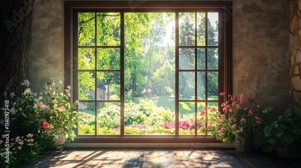 Obraz Window overlooking a spring blooming garden