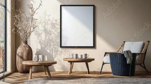 Fototapeta Cozy interior with minimalist decor featuring a wooden table, plants, and neutral tones