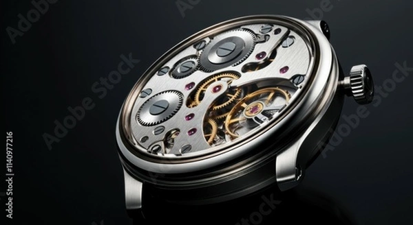 Fototapeta Intricate silver mechanical watch with exposed gears on black background