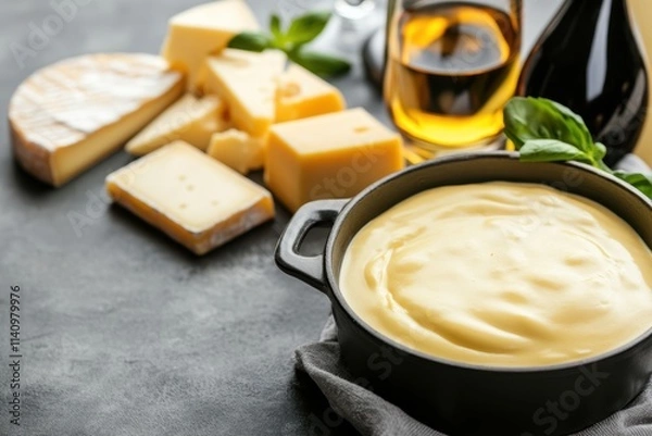 Obraz gourmet cooking cityscape, a pot of creamy cheddar cheese sauce amidst cheese blocks and a wine bottle in a contemporary kitchen