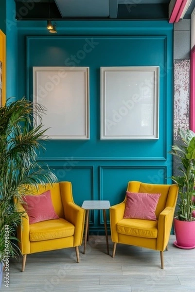 Fototapeta Bright and modern lounge area with yellow chairs and vibrant decor in a contemporary setting