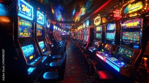 Fototapeta Array of colorful slot machines illuminated with bright lights, showcasing the allure of chance and luck.